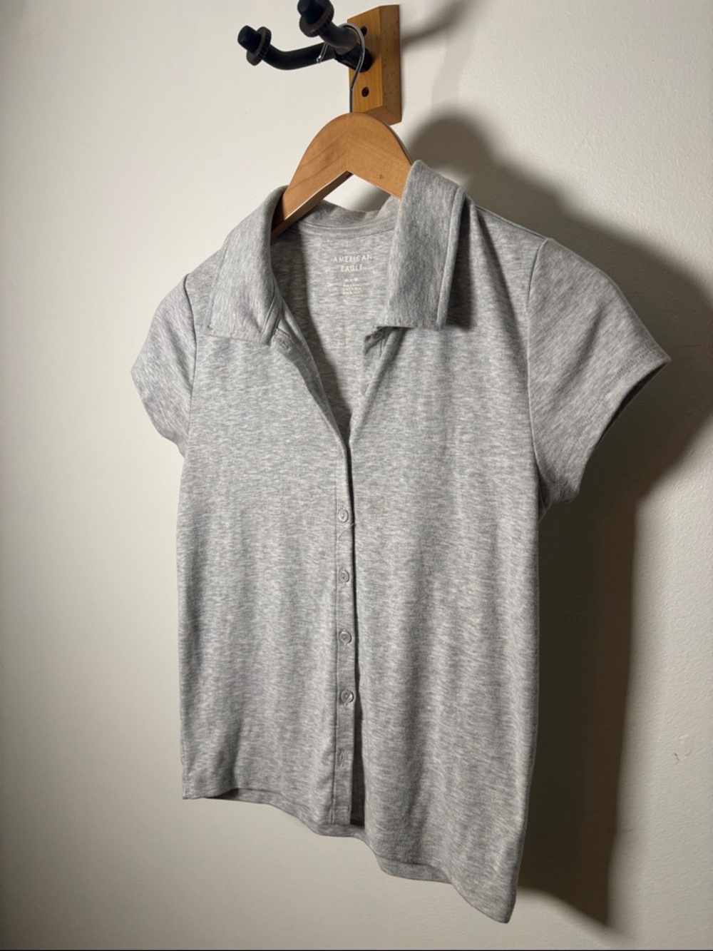 American Eagle Heather Gray Button-Front Polo Top